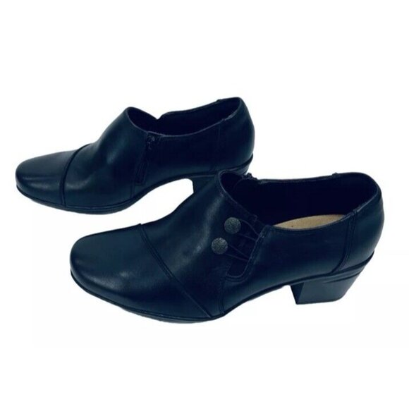 Clarks Emslie Warren Ortholite Ankle Bootie Black Leather Block Heel Pumps Sz 11 - Picture 2 of 11